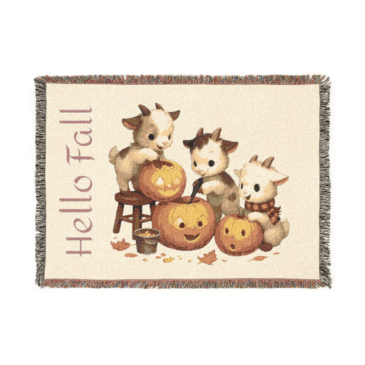 Woven Throw Blanket - "Hello Fall, Baby Goats & Pumpkins"