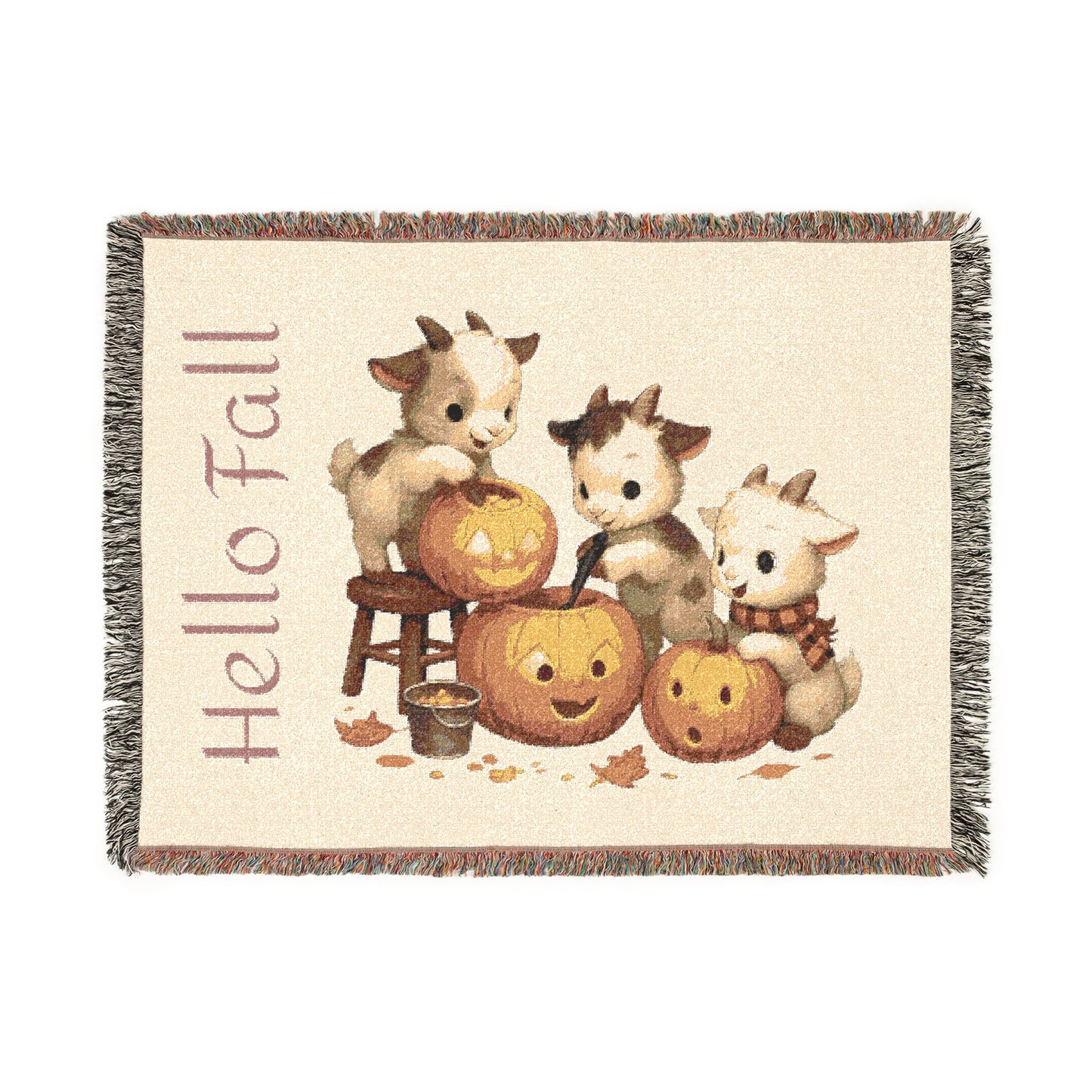 Woven Throw Blanket - "Hello Fall, Baby Goats & Pumpkins"