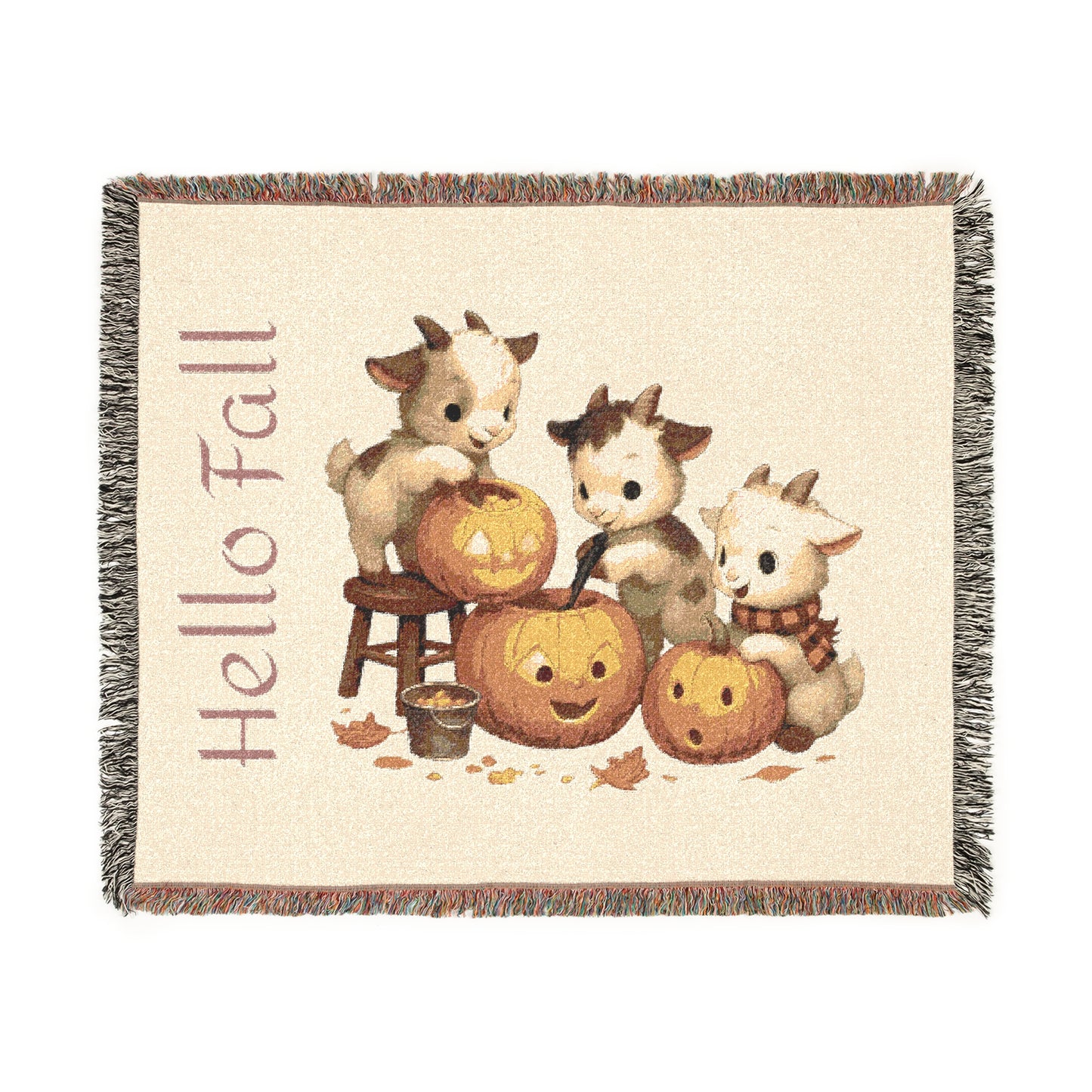 Woven Throw Blanket - "Hello Fall, Baby Goats & Pumpkins"