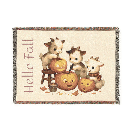 Woven Throw Blanket - "Hello Fall, Baby Goats & Pumpkins"